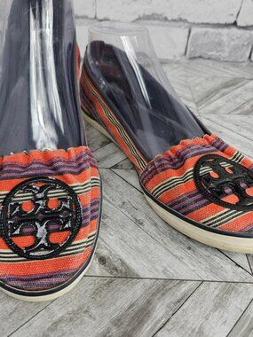Tory Burch Womens 10 Striped Canvas Flats with Black Logo Emblem Slip On Shoes
